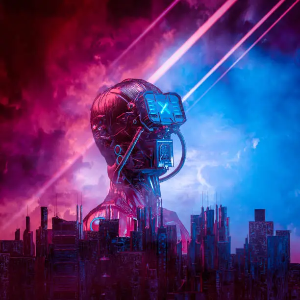 3D illustration of male science fiction humanoid cyborg rising behind modern city against ominous sky