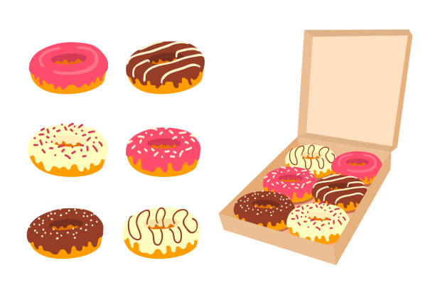Various delicious glazed doughnuts with different icing. Open cardboard box with assorted iced donuts. Pastry assortment. A vector cartoon illustration set isolated on a white background. donuts stock illustrations