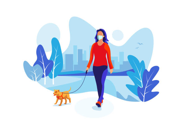 Solo Woman Wearing Face Mask with Dog Walking in City Park Young woman wearing face mask with little dog walking in city park nature enjoying free time alone. New normal social distancing solo outdoor activity trail with furry companion. Vector illustration. garden pathway stock illustrations