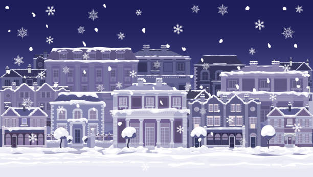크리스마스 밤 눈 집 과 상점 거리 장면 - chris snow stock illustrations