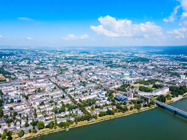 Koblenz aerial panoramic view. Koblenz is a city on the Rhine where it is joined by Moselle river.