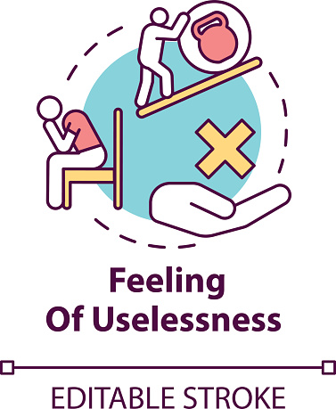 Feeling of uselessness concept icon. Stressed employee. Loneliness and solitude. Burnout symptom idea thin line illustration. Vector isolated outline RGB color drawing. Editable stroke