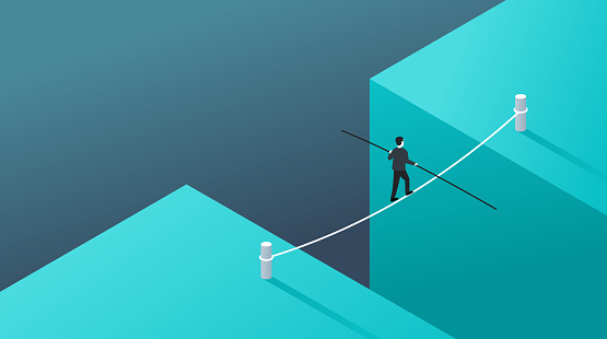 Business risk and professional strategy concept - businessman walks over gap as tightrope walker - isometric conceptual illustration for banner or poster