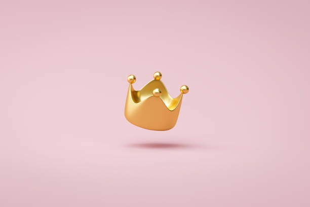 corona de oro sobre fondo rosa con victoria o concepto de éxito. corona príncipe de lujo para la decoración. renderizado 3d. - tridimensional ilustraciones fotografías e imágenes de stock