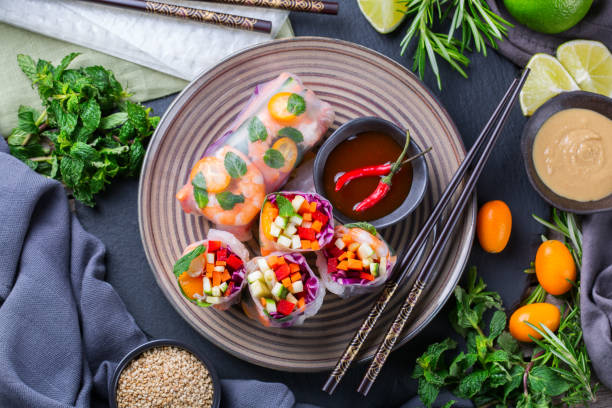 istock Spring or summer rolls, tasty asian food 1248722547