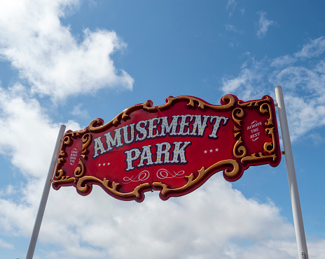 Sign over the entrance to an amusement park at the beach in Aberdeen, Scotland