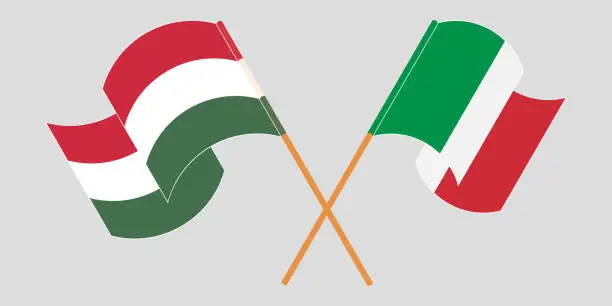 Vector illustration of Crossed and waving flags of Hungary and Italy