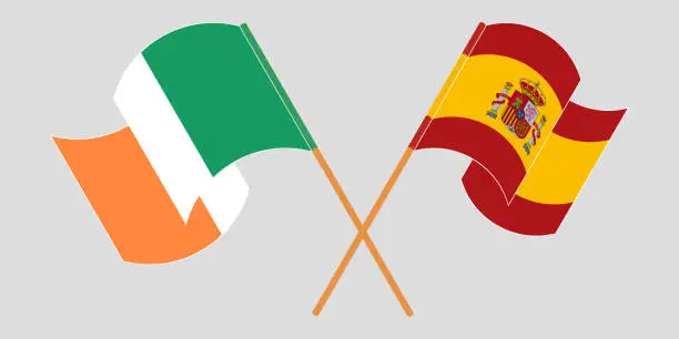 Vector illustration of Crossed and waving flags of Ireland and Spain