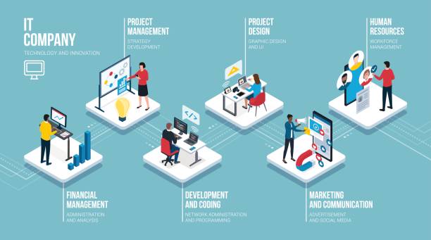 IT company professional roles isometric infographic IT company professional roles infographic: finance management, project managment, development, design, marketing and HR, isometric infographic computer programmer stock illustrations