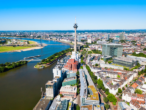 view of the düsseldorf media harbor with the rhein tower and the Gehry buildings