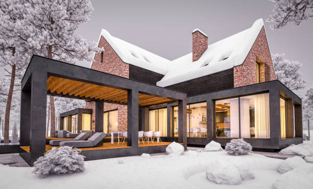istock 3d rendering of modern clinker house on the ponds with pool in evening night 1248730199