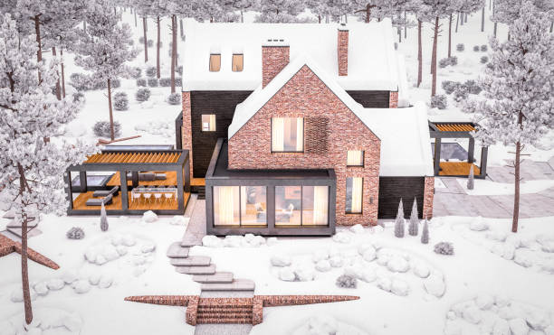 istock 3d rendering of modern clinker house on the ponds with pool in evening night 1248730234