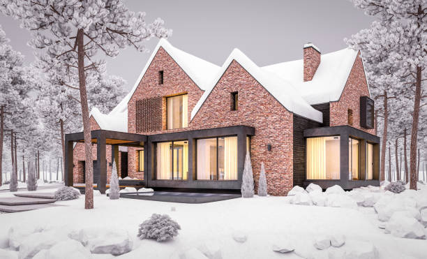istock 3d rendering of modern clinker house on the ponds with pool in evening night 1248730265