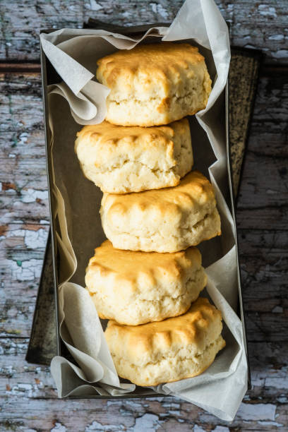 istock Five freshly baked scones in a greaseproof lined metal tin 1248730839