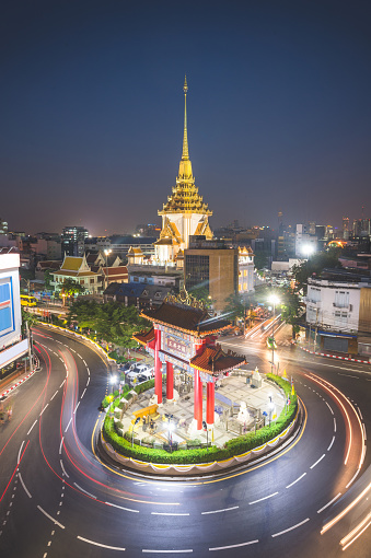 The Yaowarat china town Gateway Arch (Odeon Circle) and Temple, Landmark of Chinatown Bangkok Thailand