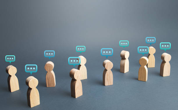 People figures with comment clouds above their heads. Commenting on feedback, participation in discussion. Brainstorming, fresh new ideas. Communication in civil society. Cooperation and Collaboration