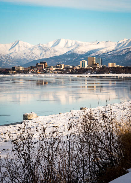 Scenic, panoramic view of downtown Anchorage from Point Woronzof Park while following Tony Knowles Coastal Trail. Reflection on Knik Arm. Covered with snow. Winter in Alaska. Snowy mountains. One of the beautiful places likely to be found out during a hike around and through the city. anchorage alaska photos stock pictures, royalty-free photos & images