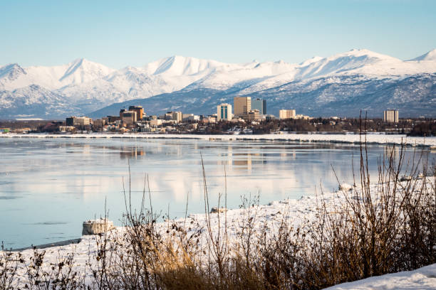 Scenic, panoramic view of downtown Anchorage from Point Woronzof Park while following Tony Knowles Coastal Trail. Reflection on Knik Arm. Covered with snow. Winter in Alaska. Snowy mountains. One of the beautiful places likely to be found out during a hike around and through the city. anchorage alaska photos stock pictures, royalty-free photos & images