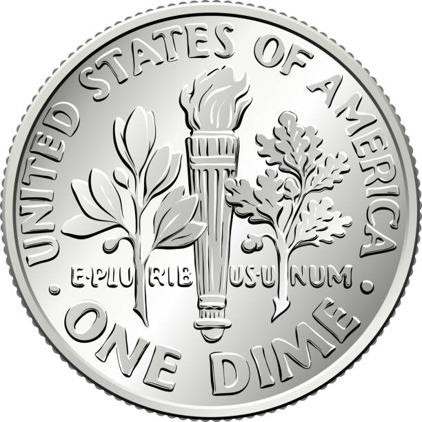United States dime coin reverse American money Roosevelt dime, United States one dime or 10-cent silver coin, olive branch, torch, oak branch on reverse background of a euro coins stock illustrations