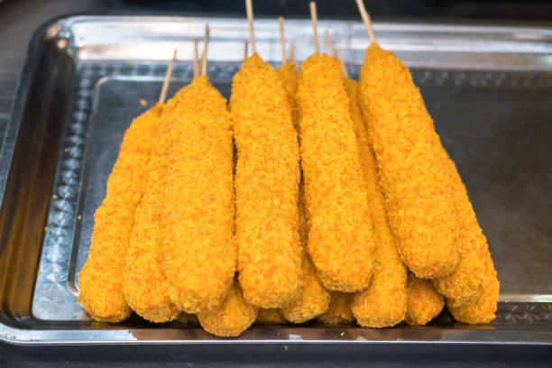 Close-up of the Korean mozzarella cheese hotdogs