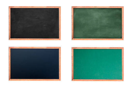 Empty Chalkboard set for design. texture hang on the white wall. double frame from green board and white background. image for background, Rubbed out dirty chalkboard. bill board for add text.