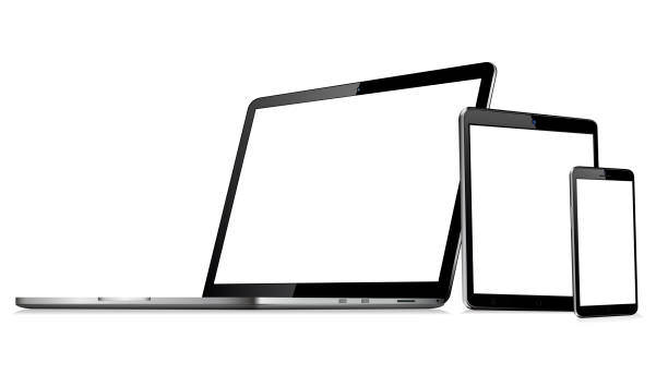 白い背景上の空白の携帯電話のタブレットとラップトップ - netbook white laptop computer点のイラスト素材／クリップアート素材／マンガ素材／アイコン素材