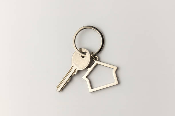 istock Macro view of silver key on the white background 1248742945