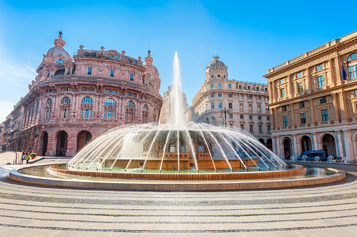 Fountain at the Piazza De Ferrari or Ferrari Square, the main square of Genoa city in Liguria region in Italy