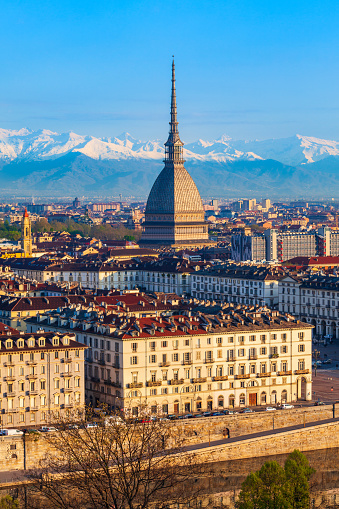 The Mole Antonelliana aerial panoramic view, a major landmark building in Turin city, Piedmont region of Italy