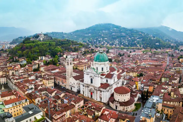 New Cathedral or Duomo Nuovo and Old Cathedral or Duomo Vecchio aerial panoramic view in Brescia city in north Italy