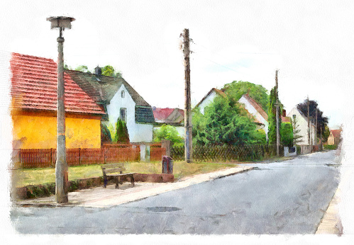 Digital illustration: suburban landscape in watercolor painting style
