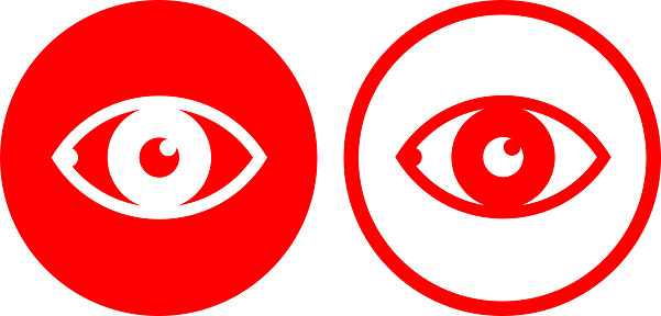 Human Eye Icon. This 100% royalty free vector illustration is featuring a round shaped red button. The main icon is depicted in white. There is an alternative variation with a red outline and white background on the right.
