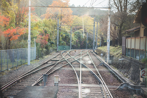 Kyoto, Japan-  November  21, 2017 : Train heading to Nara stop at railway station in Kyoto, Japan. Trains are a very convenient way for visitors to travel around Japan.