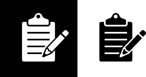 Clipboard with a Pencil Icon. This 100% royalty free vector illustration is featuring the square button and the main icon is depicted in black and in white with a black icon on it.. This 100% royalty free vector illustration is featuring the square button and the main icon is depicted in black and in white with a black icon on it.