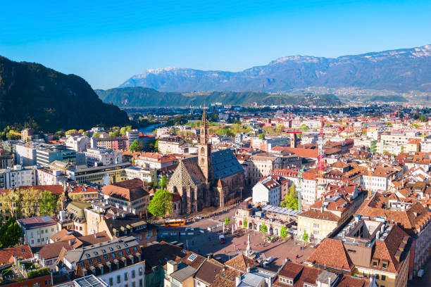 Bolzano aerial panoramic view, Italy Bolzano aerial panoramic view. Bolzano is the capital city of the South Tyrol province in northern Italy. alto adige italy photos stock pictures, royalty-free photos & images