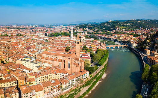 Santa Anastasia Church and Verona Cathedral aerial panoramic view in Verona, Veneto region in Italy