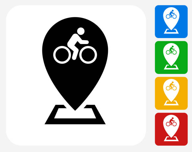 Bicycle Path Map Pointer Icon Bicycle Path Map Pointer Icon. This 100% royalty free vector illustration is featuring a blue square button with a drop shadow and the main icon is depicted in white. There are 8 additional alternative variations in different colors on the right. bike hand signals stock illustrations