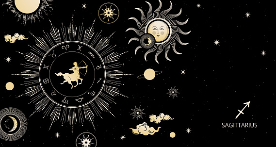 Zodiac Background Sagittarius Zodiac Sign Horizontal Banner Stock  Illustration - Download Image Now - iStock