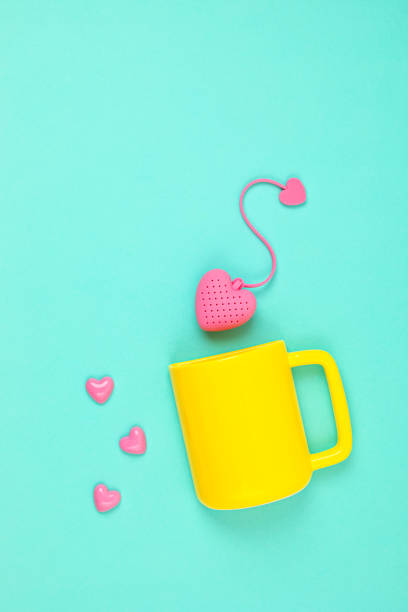 istock Flat lay with heart shaped tea bag and cup. Waking up, morning tea, every day rituals, zen attitude, destress, healthy drink, love idea 1248750077
