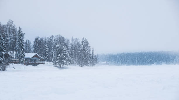 Winter Snow Scene on a Frozen Alaskan Lake. Willow, Alaska. March 8, 2020 Snow storm in a remote area.