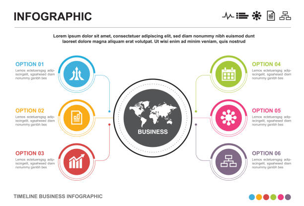 Business infographic Infographic business template, 6 options, icon, data international drawings stock illustrations