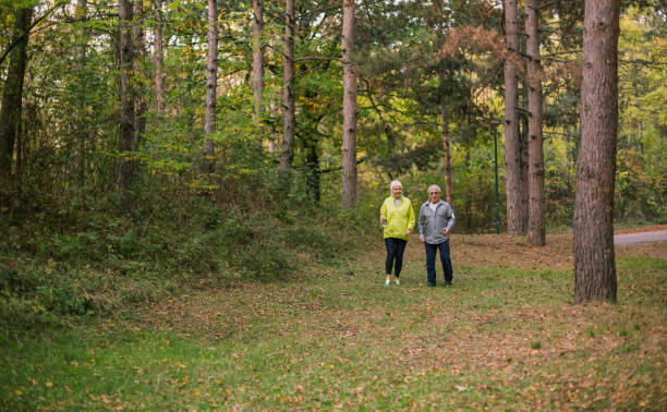istock Senior couple jogging in a forest. 1248753108