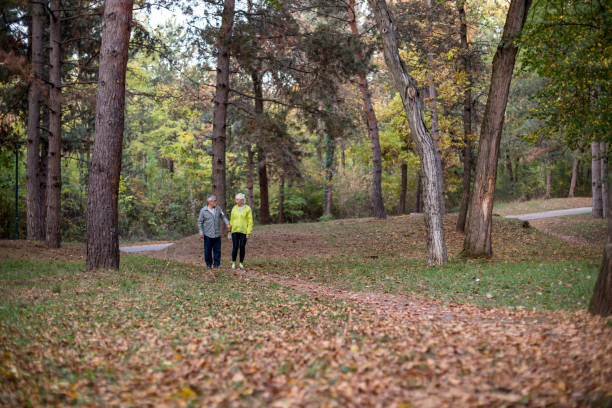 istock Healthy elderly couple walking together in a park 1248753171
