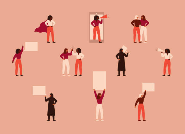 Strong women different nationalities and cultures protest. Strong women different nationalities and cultures protest. Concept of political meeting, parade, picketing, or demonstration, female's empowerment movement. Vector illustration in flat cartoon style. gender equality stock illustrations