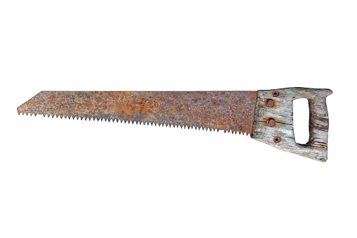 Old rusty wood hacksaw isolated on a white background