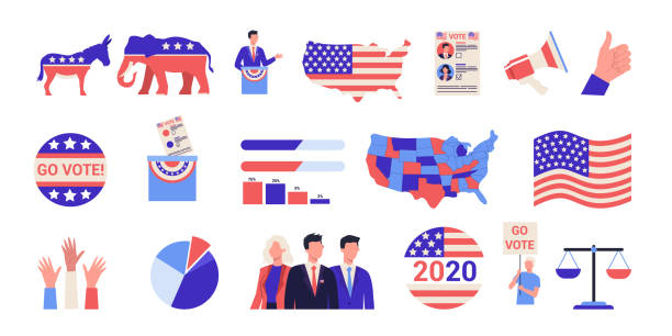 2020 presidential election in the USA icon set. Election campaign concept. Idea of politics 2020 presidential election in the USA icon set. Election campaign concept. Idea of politics and american government. People vote for the candidate. Democracy and government. Vector illustration democratic party usa illustrations stock illustrations