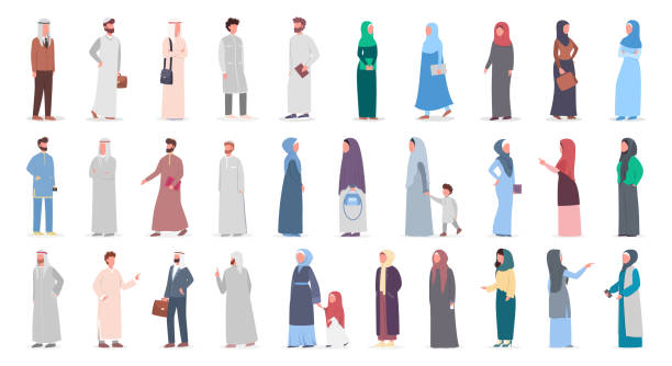 illustrazioni stock, clip art, cartoni animati e icone di tendenza di grandi musulmani insieme. collezione donna e uomo araba in abito diverso e tradizionale - islam women men arabia