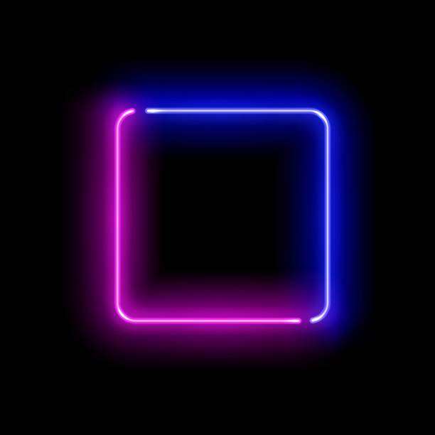 Realistic gradient neon square frame. Pink and blue colored blank template isolated on black empty grunge background. Geometric glow outline shape or laser glowing lines. Vector shining object. Realistic gradient neon square frame. Pink and blue colored blank template isolated on black empty grunge background. Geometric glow outline shape or laser glowing lines. Vector shining object single line power isolated electricity stock illustrations