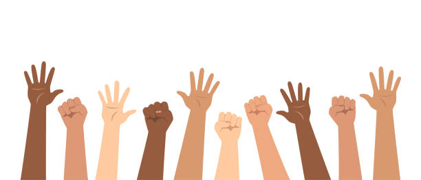 Social poster, banner. Demonstration, protest, strike. Raised up hands of different nationalities. Flat vector illustration. Social poster, banner. Demonstration, protest, strike. Raised up hands of different nationalities. Stop racism. Black lives matters. Flat vector illustration. democracy illustrations stock illustrations