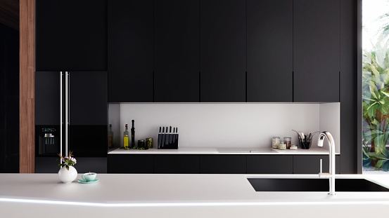 modern kitchen interior 3D rendering, detailed frontal view, 3D rendering